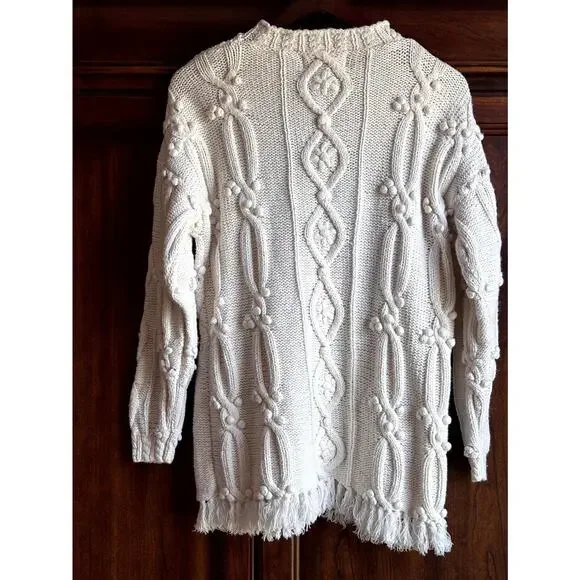 Vintage M Cableknit Sweater Coastal 90’s Cotton Bobble Fringe Cottage Fisherman - Picture 2 of 5
